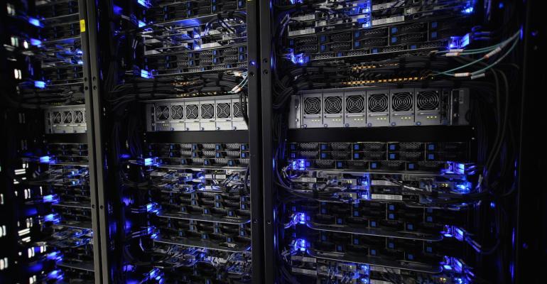 Racks of servers inside a Rackspace data center