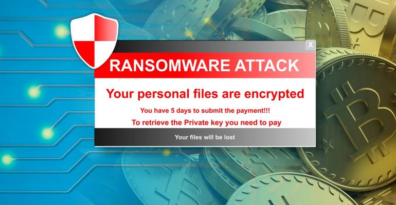 ransomware attack alert on a bitcoins background