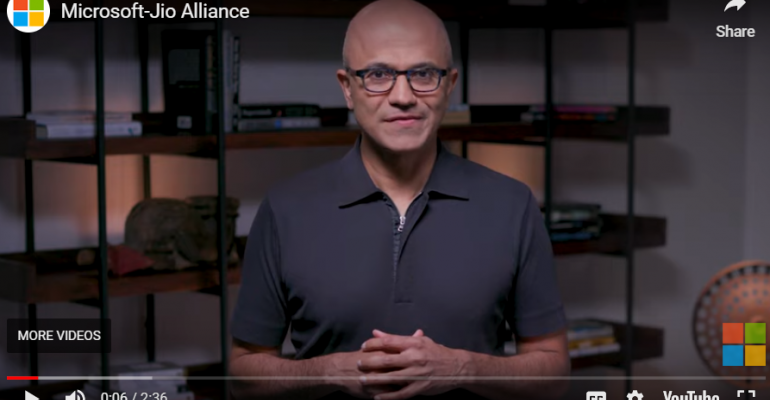 Microsoft CEO Satya Nadella comments on the new cloud partnership with Reliance Jio in a YouTube video.
