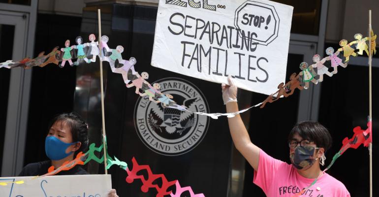 Protesters rally in front of the US Immigration and Customs Enforcement headquarters, demanding the release of immigrants in ICE detention due to the dangers posed by the coronavirus pandemic July 17, 2020 in Washington, DC.