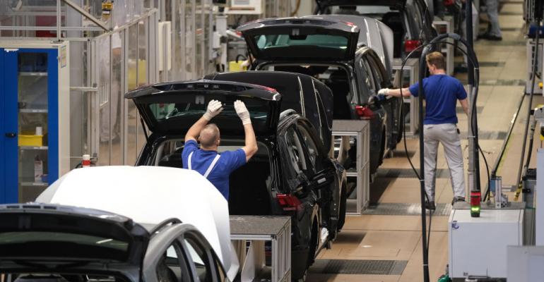 Assembly line for Volkswagen Touareg, Touran, and T-Roc models at the Volkswagen factory in Wolfsburg, Germany. March 2019