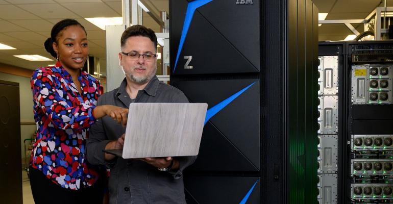 IBM designers Shani Sandy and Don Spangler in front of the new z15 mainframe.
