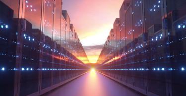 Servers at sunset, cloud technology concept. 3d rendering