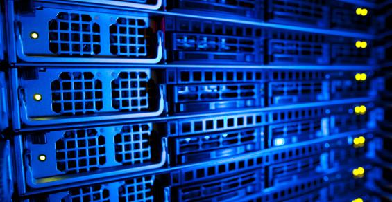 server rack cluster in a data center in blue light