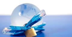 Network cable with lock around a earth with blue background