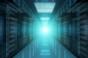 Dark servers data center room with bright halo light going through the corridor 3D rendering