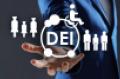 Businessman showing virtual image of people and  person with disability with the DEI abbreviation