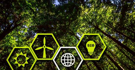Four Sustainability Icons in Hexagon Shape in Front of a Lush Green Forest for data center sustainability