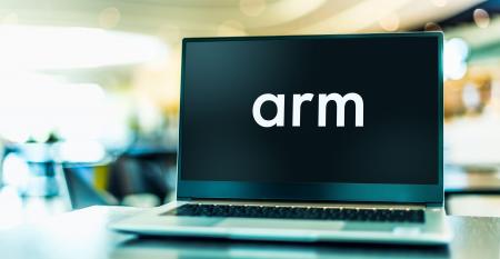 Laptop computer displaying logo of Arm Ltd., a British semiconductor and software design company based in Cambridge, England