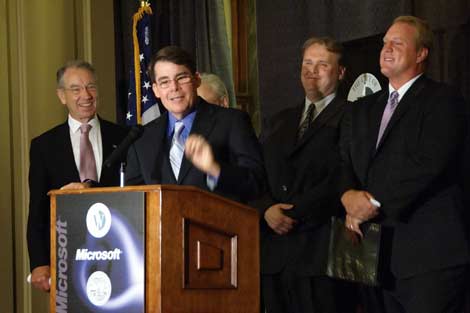 Happier days at the press conference announcing the West Des Moines project. From left: U.S. Senator Chuck Grassley, State Senator Mike Gronstal, Microsoft General Manager Michael Manos and Iowa Governor Chet Culver. 