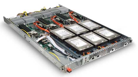 The server trays from the CloudRack C2 enclosure from Rackable have no on-board fans and power supplies.