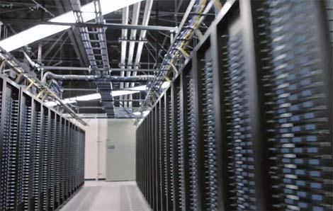 A look at the fully-packed racks inside a Facebook data center facility.