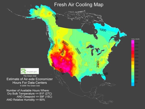 This map from The Green Grid identifies the best areas for free cooling.