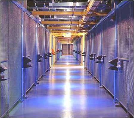 The cages housing customer equipment inside an Equinix data center. 