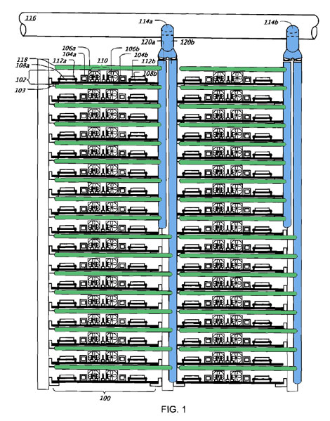 This diagram, adapted from a patent application by Exaflop LLC, shows how a new cooling system design might work in a Google data center. We've added color to the original diagram to highlight the vertical standpipes (in blue) and air wands (in green) that would deliver cold air to components in the server trays. 