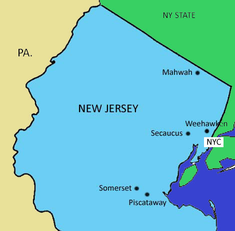 A map of northern and central New Jersey, showing the location of several significant data center hubs relative to Wall Street.