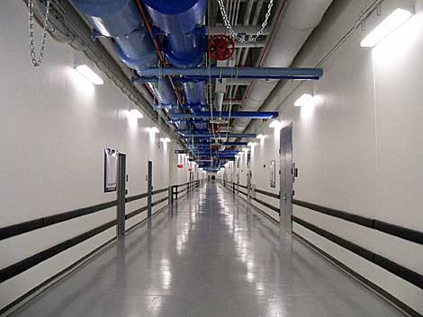 The long main hallway of the NYSE Euronext data center provides a sense of the immense scale of the 400,000 square foot facility in New Jersey. (Photo: Rich Miller)