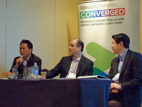 The panel on investing and data center finance featured insights from industry executives (from left) Simon Lee of Sapience Capital, Sabey Data Center President John Sabey, and Steve Lee of BankStreet Group. (Photo: Rich Miller) 