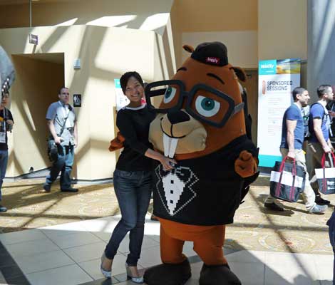 Squirrel or beaver? No matter, the mascot from Loggly was willing to pose for photos. (PHoto:  Colleen Miller)