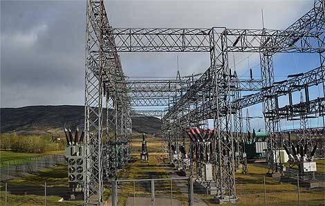 Transformers and power lines feed the power generated at the hydroelectric station to the people and industries of Iceland. (Photo by Colleen Miller.)