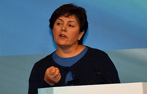 Delfina Eberly,  Director, Data Center Operations, Facebook, presented the Tuesday morning keynote about optimizing data center operations. In terms of hardware, Facebook, because it runs such an enormous volume of servers, focuses on serviceability, including starting from the ground up by influencing server design to ensure easiest and least time consuming methods to repair equipment in the data hall. (Photo by Colleen Miller.)