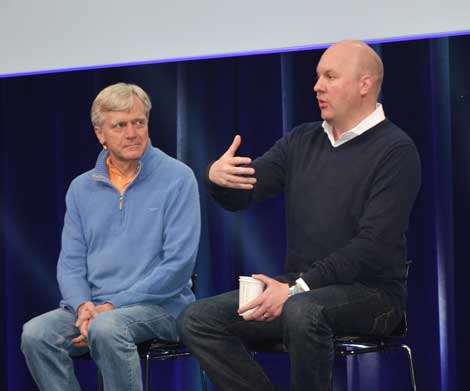 Internet pioneer Marc Andreessen, right, makes a point at the Open Compute Summit while Arista Network chairman Andy Bechtolsheim listens. (Photo: Colleen Miller)