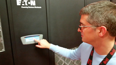 Arnaud de Bermingham, CEO of Online.net, in front of an Eaton UPS unit at Iliad's DC3 data center