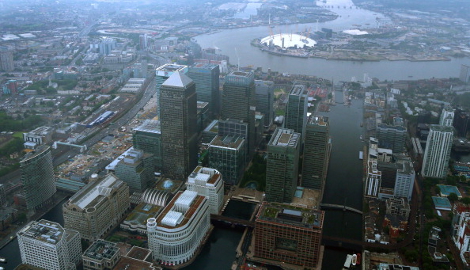 High rise office buildings are seen in the Canary Wharf area of London from the air on June 14, 2014 in London, England. (Photo by Matt Cardy/Getty Images)