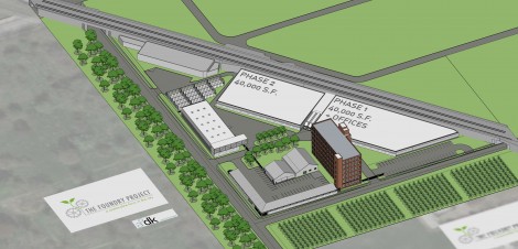 A rendering for the proposed Foundry Project that seeks to combine a fish farm and a data center. The data center would be the two-story building. Foundry also has plans for a tech incubator in the tall building (Image: Foundry Project)