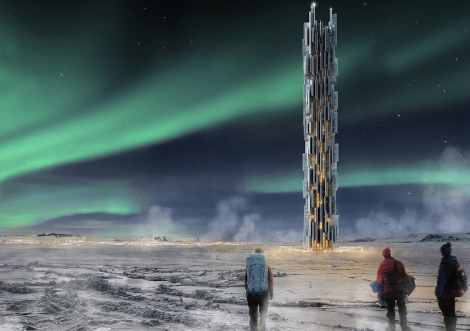 Data Tower design rendering by architects Valeria Mercuri and Marco Merletti, who envision Iceland as an ideal place for their enormous data center skyscrapers (Credit: V. Mercuri, M. Merletti)
