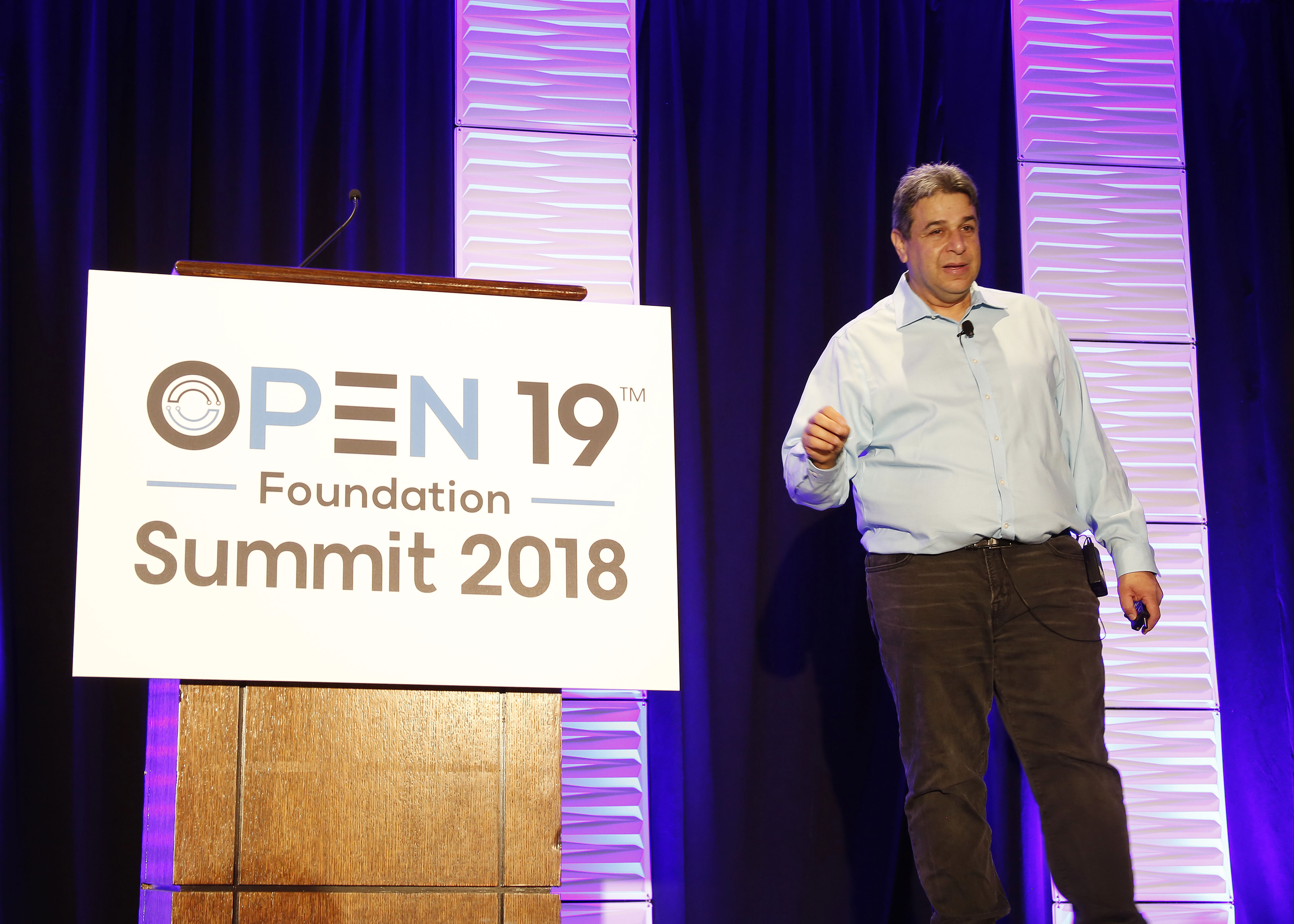 Yuval Bachar, principal engineer, data center architecture, LinkedIn, and president and chairman of the Open19 Foundation, speaking at the foundation's 2018 summit.