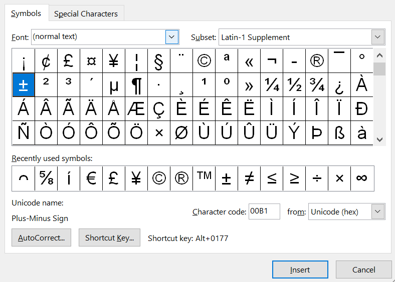 If you’re using Microsoft Word, the Advanced Symbols library is another place to find the plus or minus symbol.